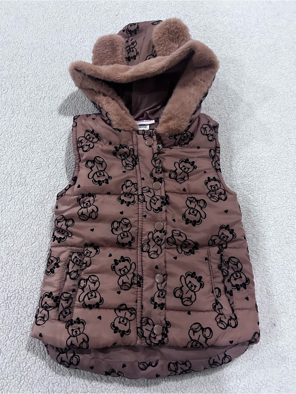 Little Lass Girls Teddy Bear Hooded Puffer Vest Size 5T Faux Fur